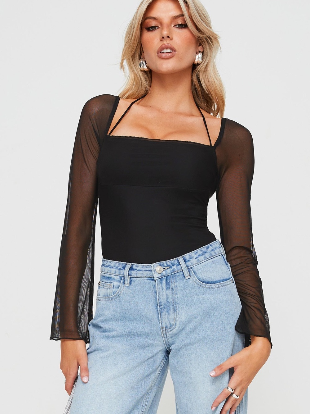 Princess Polly Liva Sheer Sleeve Bodysuit • 4 • NWT • Black Witch Halloween Idea